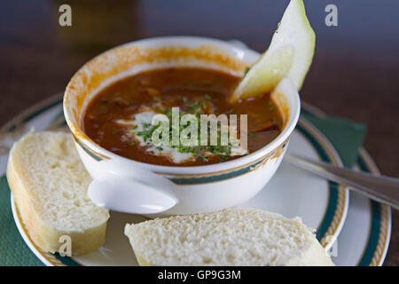 Un bol de soupe solianka à Dresde, Allemagne. Le plat est d'origine russe. Banque D'Images