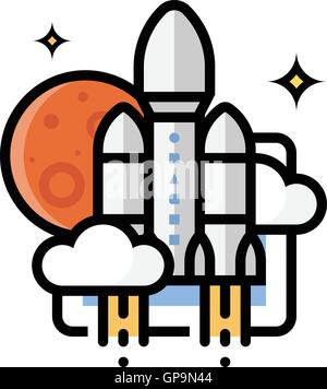 Illustration d'un lancement de fusée à travers les nuages avec la planète Mars dans l'arrière-plan. Illustration de Vecteur