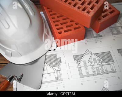 Hard Hat, truelle et briques sur les dessins avec les plans de construction. La construction ou l'ingénierie concept. 3d illustration Banque D'Images