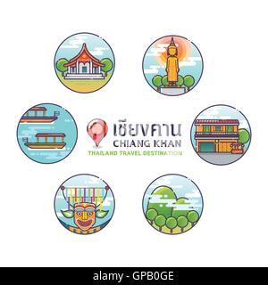 Vector Illustration de Chiang Khan icônes colorées,Thailand Travel Destination Concept.Trendy style linéaire. Illustration de Vecteur