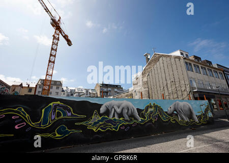 L'ours polaire de protection murale sur les panneaux qui entourent un chantier de construction dans le centre de Reykjavik en Islande Banque D'Images