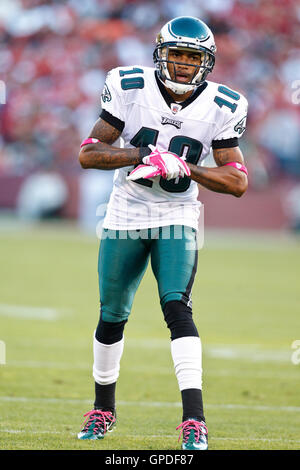 10 octobre 2010 ; San Francisco, CA, États-Unis ; le receveur DeSean Jackson (10) des Philadelphia Eagles Wide s'aligne pour un match contre les 49ers de San Francisco lors du premier quart-temps au Candlestick Park. Les Eagles battent les 49ers 27-24. Banque D'Images