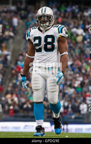5 décembre 2010, Seattle, WA, USA ; Carolina Panthers running back Jonathan Stewart (28) au cours du troisième trimestre contre les Seattle Seahawks à Qwest Field. Caroline 31-14 Seattle défait. Banque D'Images