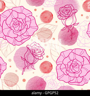 Résumé motif transparent rose avec des taches d'aquarelle et de roses Banque D'Images