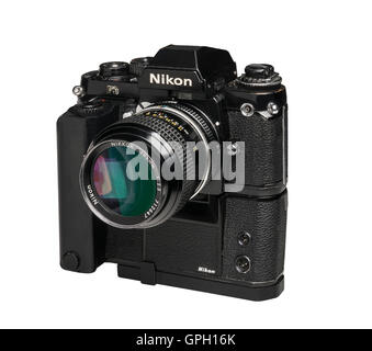 1990 Nikon F3 professional caméra 35 mm4 withMD Motordrive et 105 mm Banque D'Images