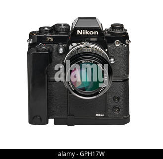 1990 Nikon F3 professional caméra 35 mm avec MD4 Motordrive et 105 mm Banque D'Images