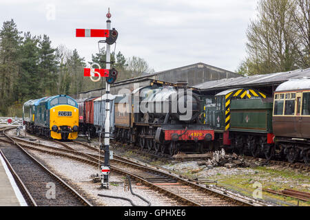 Un assortiment de vapeur et diesel locos du patrimoine à Ashburton station sur le chemin de fer du sud du Devon, England, UK Banque D'Images