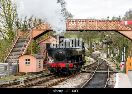 Ex-GWR loco 1369 réservoir pannier à Ashburton station sur le chemin de fer du sud du Devon, England, UK Banque D'Images