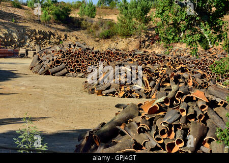 Écorce de liège à partir de chêne-liège (Quercus suber) empilés prêts pour le traitement, Barranco do Velho village, Algarve, Portugal Banque D'Images