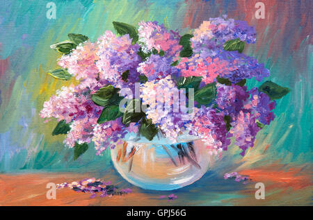 Huile sur toile - un bouquet de lilas, vase, papier peint Banque D'Images