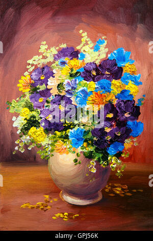 Huile sur toile - bouquet de violettes, décoration, design Banque D'Images