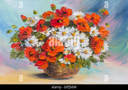 Peinture à l'huile nature morte, aquarelle abstraite bouquet de coquelicots et marguerites Banque D'Images