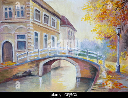 Huile sur toile - pont sur la rivière, dans la vieille Europe, ville italienne Banque D'Images