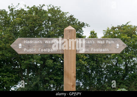 Mur d'Hadrien en bois chemin signpost, près de Brampton, Cumbria, England, UK Banque D'Images