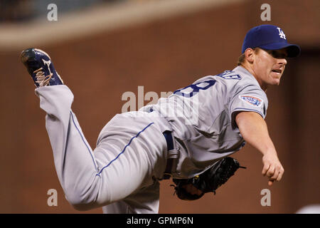 15 septembre 2010 ; San Francisco, CA, États-Unis ; le lanceur de départ Chad Billingsley (58) des Dodgers de Los Angeles affronte les Giants de San Francisco lors de la cinquième manche à AT&T Park. Banque D'Images