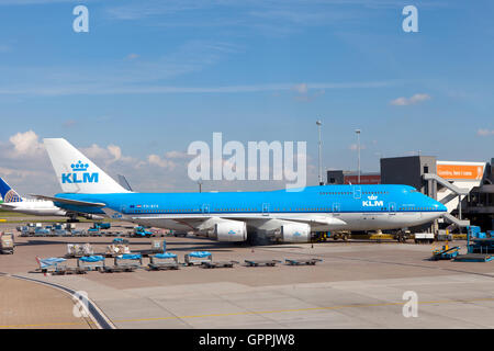 KLM Boeing 747 stationné à l'aéroport de Schiphol, l'aéroport KLM accueil. Banque D'Images