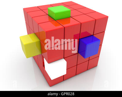 Cube divisé en cubes dans différentes couleurs sur Blanc Banque D'Images