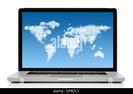 Ordinateur portable avec carte du monde faite de nuages sur l'écran Banque D'Images