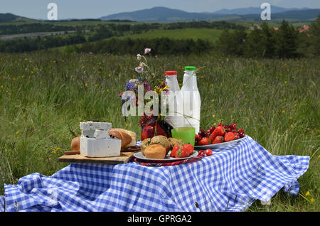 Close-up de petit-déjeuner ou un brunch pique-nique mis sur prairie avec meadows en arrière-plan Banque D'Images