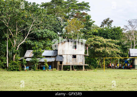 Vie locale : Typique maison sur pilotis du village de la communauté rurale à distance Pilchi sur le fleuve Napo (un affluent de l'Amazone), Equateur, Amérique du Sud Banque D'Images