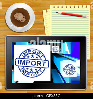 Sur l'importation l'importation de produits et montrant les cubes expédition mondiale Tablet Banque D'Images