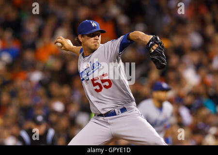 Juillet 18, 2011 ; San Francisco, CA, USA ; de baseball des Dodgers de Los Angeles Matt Guerrier (55) emplacements contre les Giants de San Francisco au cours de la sixième manche chez AT&T Park. San Francisco, Los Angeles a battu 5-0. Banque D'Images