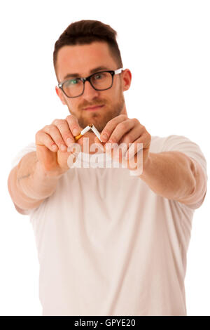 Briser l'homme comme un geste de cigarettes fumer isolated over white. Banque D'Images