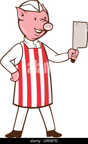 Illustration d'un boucher de la viande de porc holding permanent cleaver et une main sur les hanches, vu de l'avant ensemble isolées sur fond blanc fait dans un style de dessin animé. Illustration de Vecteur