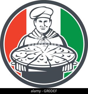 Illustration d'un chef italien, cook Baker qui sert des pizzas platter face à l'avant fixé à l'intérieur du cercle avec l'Italie drapeau dans l'arrière-plan fait en style rétro. Illustration de Vecteur