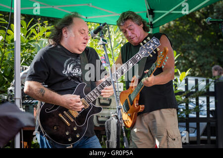 Dave Edwards ( ex Manfred Mann) et Dennis Stratton (ex-Iron Maiden) jouer en duo aux clients à la Couronne, peu de Walden, Essex, UK Banque D'Images