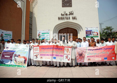 Les employés des départements de l'administration locale, participer à une marche de sensibilisation concernant Congo virus au cours d'une campagne de sensibilisation manifestation tenue à Peshawar le lundi, Septembre 05, 2016. Banque D'Images