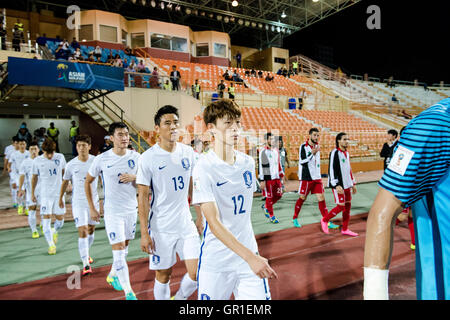 Seremban, Malaisie. 6 Septembre, 2016. La Corée du Sud et l'équipe de Syrie joueurs entrent en au stade de Tuanku Abdul Rahman, Seremban, Malaisie le 6 septembre 2016. Crédit : Chris JUNG/Alamy Live News Banque D'Images