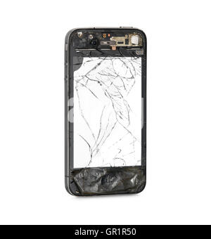 Endommagé face avant avec écran blanc de téléphone intelligent isolé sur fond blanc. Clipping path Banque D'Images