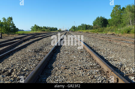 Des voies de chemin de fer menant à un port de la navigation commerciale dans Searsport, Maine. Banque D'Images