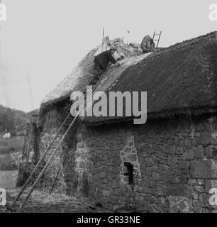 Années 1930, tableau historique d'une Thatcher de travailler sur un nouveau toit de chaume sur un ancien bâtiment agricole ou une ferme, Crickhowell, Dartmoor, dans le Devon, Angleterre Banque D'Images