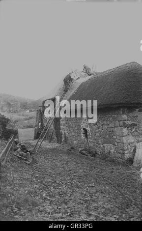 Années 1930, tableau historique d'une Thatcher de travailler sur un nouveau toit de chaume sur un ancien bâtiment agricole, Crickhowell, Dartmoor, dans le Devon, Angleterre Banque D'Images