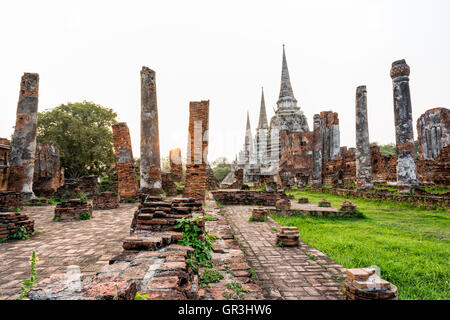 Les ruines et l'architecture ancienne pagode de Wat Phra Si Sanphet vieux temple célèbres attractions pendant le coucher du soleil à Ayutthaya en Thaïlande Banque D'Images