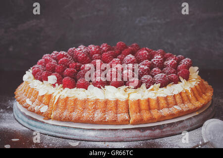 Tarte aux framboises avec crème à la vanille et le sucre glace. Macro, selective focus, tons vintage image, espace blanc Banque D'Images