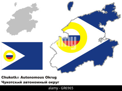 Contour plan de Tchoukotka avec drapeau. Régions de la Russie. Vector illustration. Banque D'Images