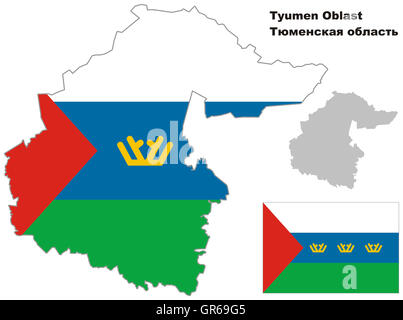 Contour plan de Oblast de Tioumen avec drapeau. Régions de la Russie. Vector illustration. Banque D'Images