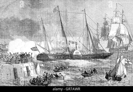 La reine Victoria quitter Kingstown (maintenant le port de Dun Laoghaire) à la suite de sa première visite en Irlande en 1849 à la suite de la Famine irlandaise. Il a été un succès de relations publiques, mais il n'avait pas d'impact durable ou l'effet sur la croissance du nationalisme irlandais. Banque D'Images