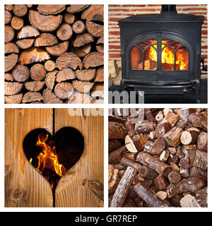 Poêle à bois et sciage collage Banque D'Images