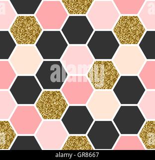 Motif répétitif sans couture géométrique avec des formes hexagonales en noir, or paillettes et rose pastel. Illustration de Vecteur