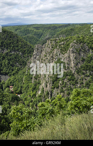 Vue depuis le Hexentanzplatz à Rosstrappe Rock, Thale, Saxe-Anhalt, Allemagne Banque D'Images