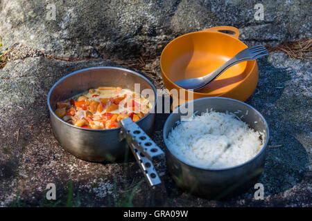 Deux des marmites d'aluminium et d'une assiette avec du riz et légumes en plein air Banque D'Images