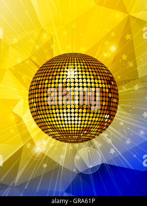 Golden boule disco sur Star Burst avec lens flares sur jaune et bleu fond géométrique Banque D'Images