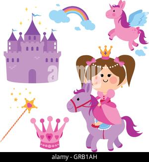 Jolie Fée Princesse à cheval, un château, unicorn, arc-en-ciel, couronne et Magic wand vector set Illustration de Vecteur