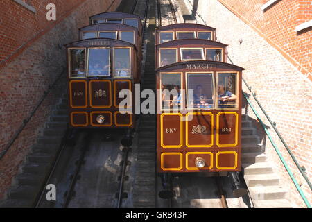 Le Siklo funiculaire à Budapest qui va du haut de la colline du château à l'Lanchid (Pont des Chaînes) Banque D'Images