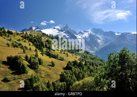 Paysage alpin avec de vertes collines et montagnes aux sommets enneigés, Alpes, France Banque D'Images
