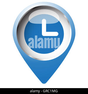 Broche carte symbole avec l'icône d'horloge. Symbole bleu sur fond blanc. Banque D'Images